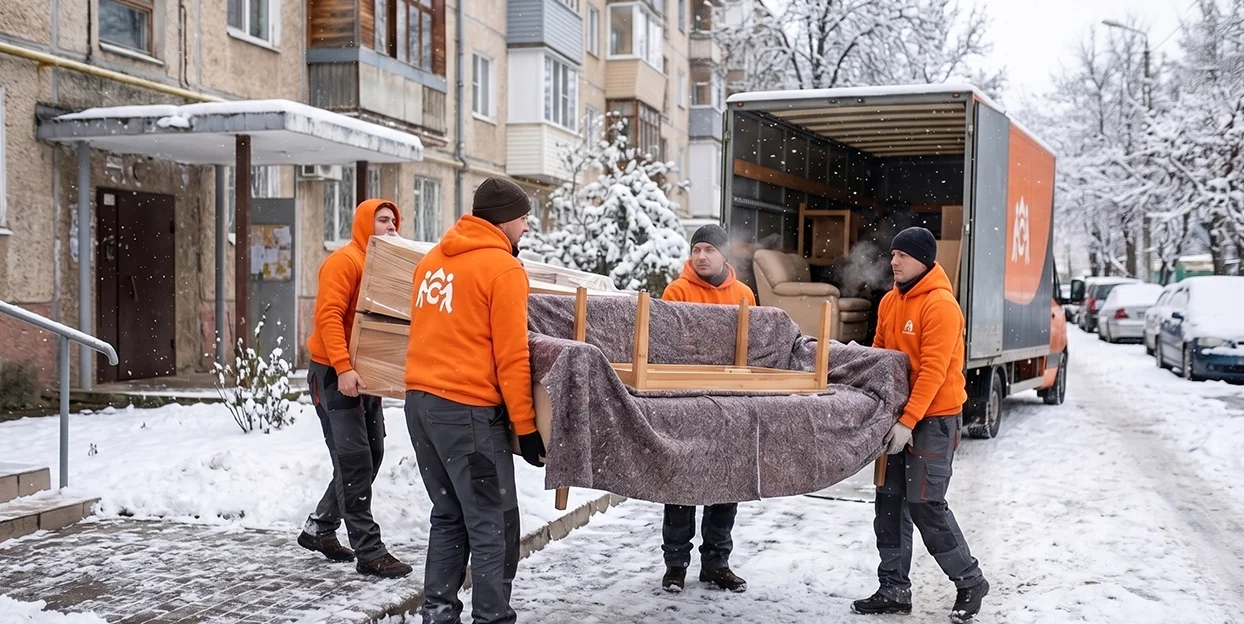 Echipă de hamali profesioniști transportând mobilier pe timp de iarnă.