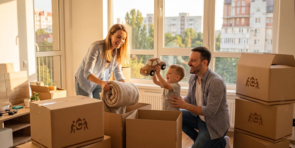 O familie fericită despachetând cutii într-un apartament nou, lumina soarelui pe fundal.