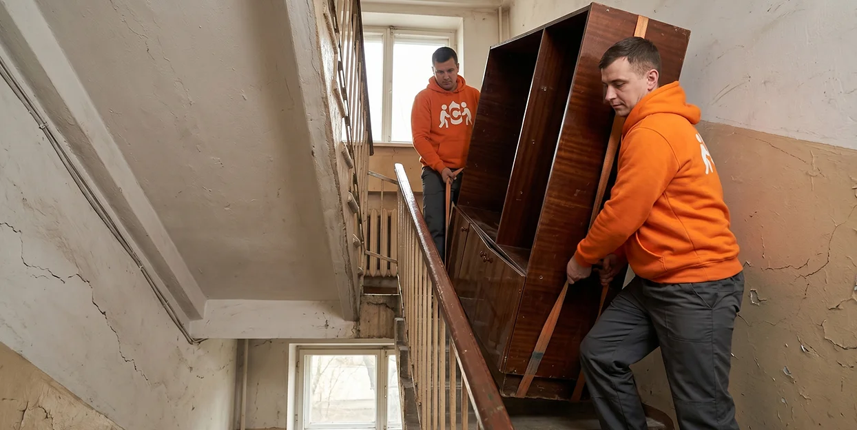 Hamali profesioniști coborând o piesă grea de mobilier pe scările unui bloc